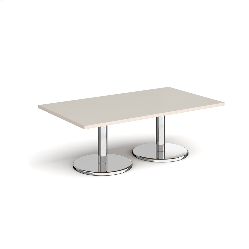 Rectangular coffee table with light-grey top and chrome base on a white background
