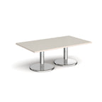 Rectangular coffee table with light-grey top and chrome base on a white background