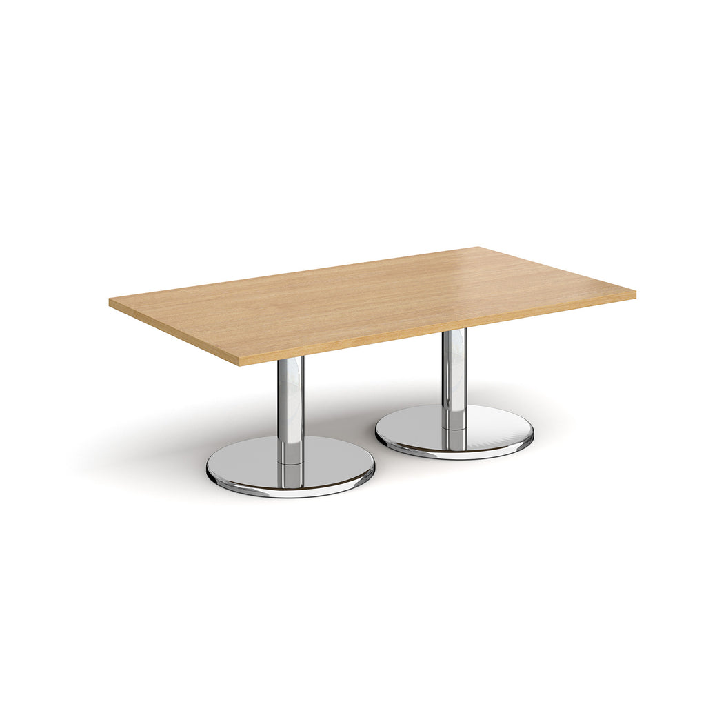 Rectangular coffee table with wood-effect top and chrome base on a white background