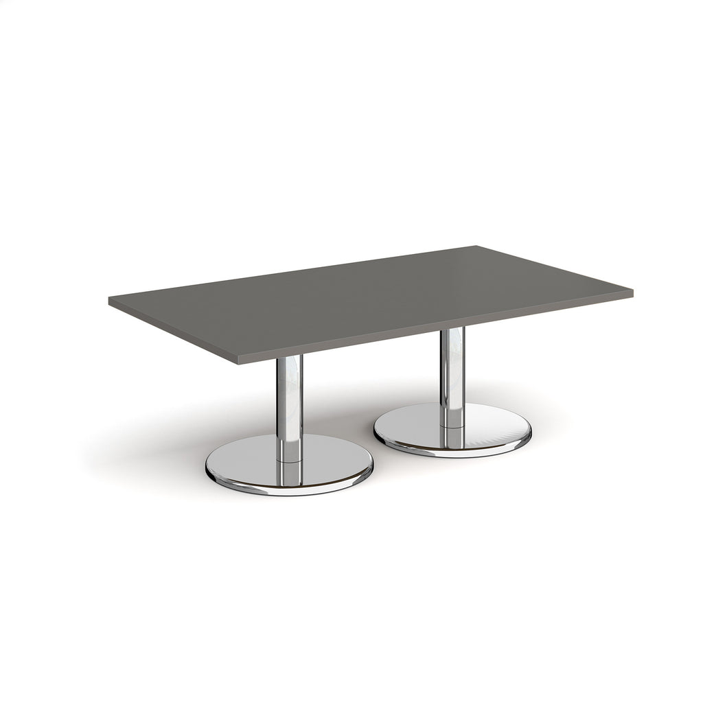 Rectangular coffee table with grey top and chrome base on a white background