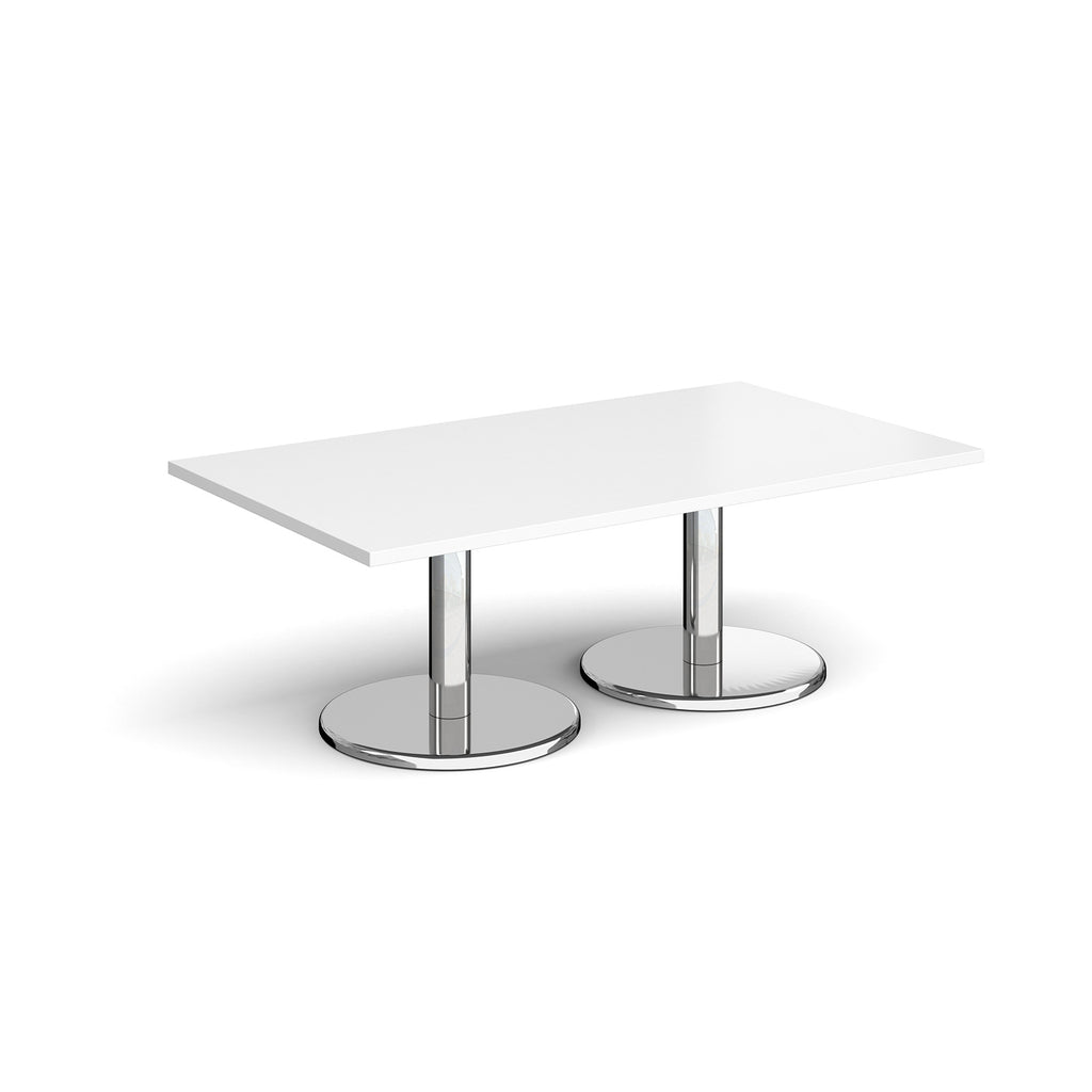 Rectangular coffee table with white top and chrome base on a white background