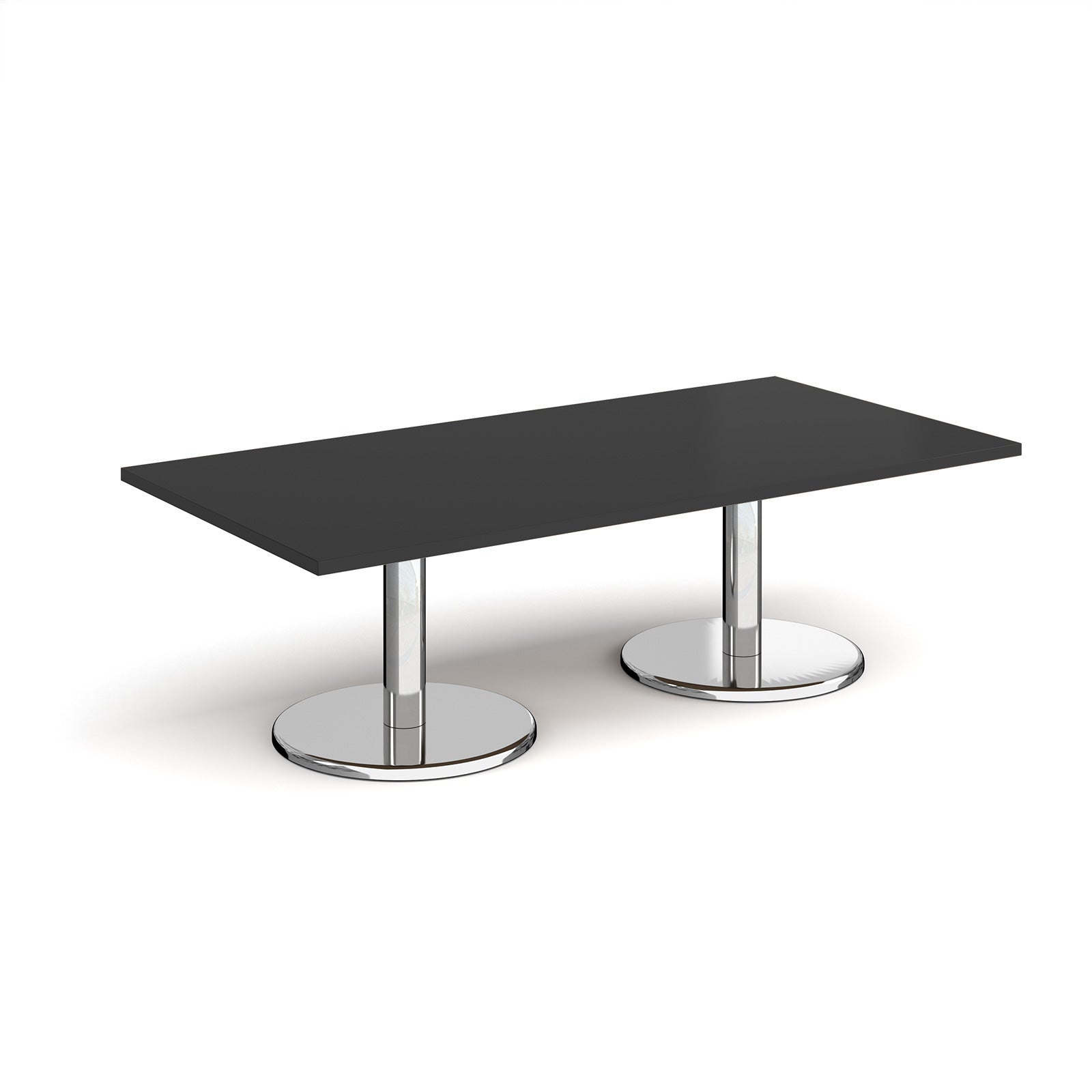 Rectangular coffee table with black top and chrome base on a white background