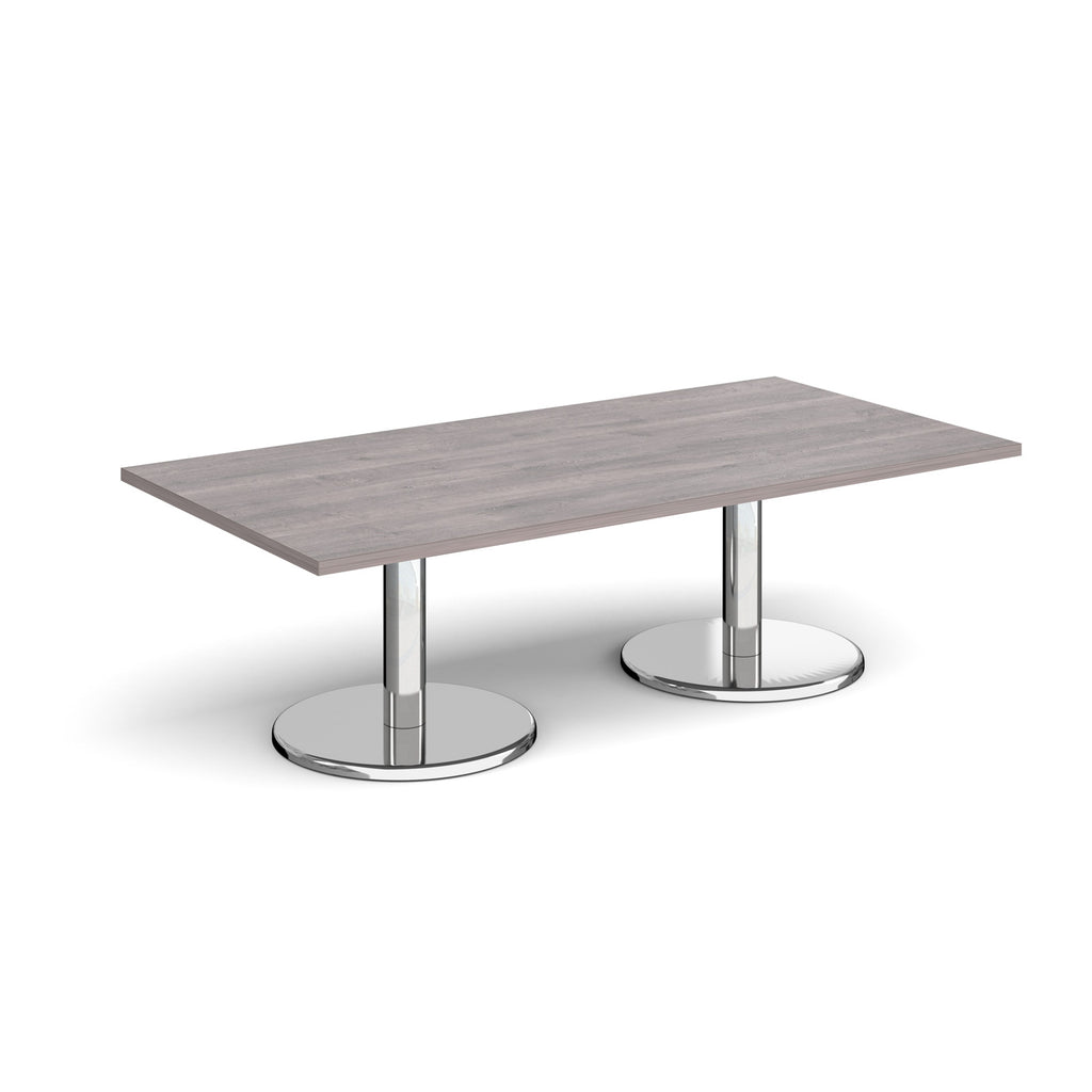 Rectangular coffee table with grey wood-effect top and chrome base on a white background