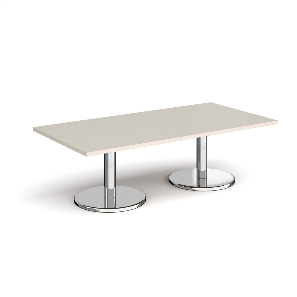Rectangular coffee table with light grey top and chrome base on a white background
