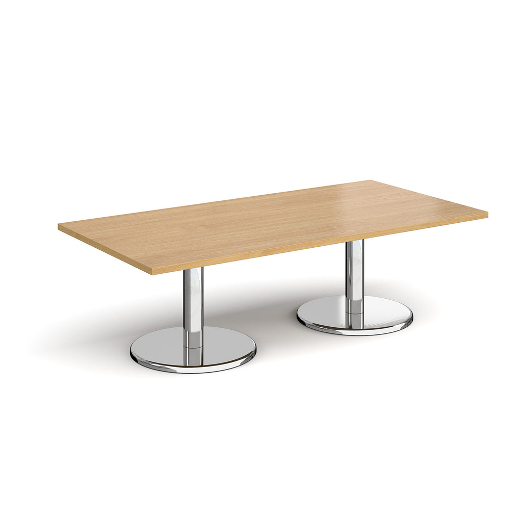 Rectangular coffee table with wood-effect top and chrome base on a white background