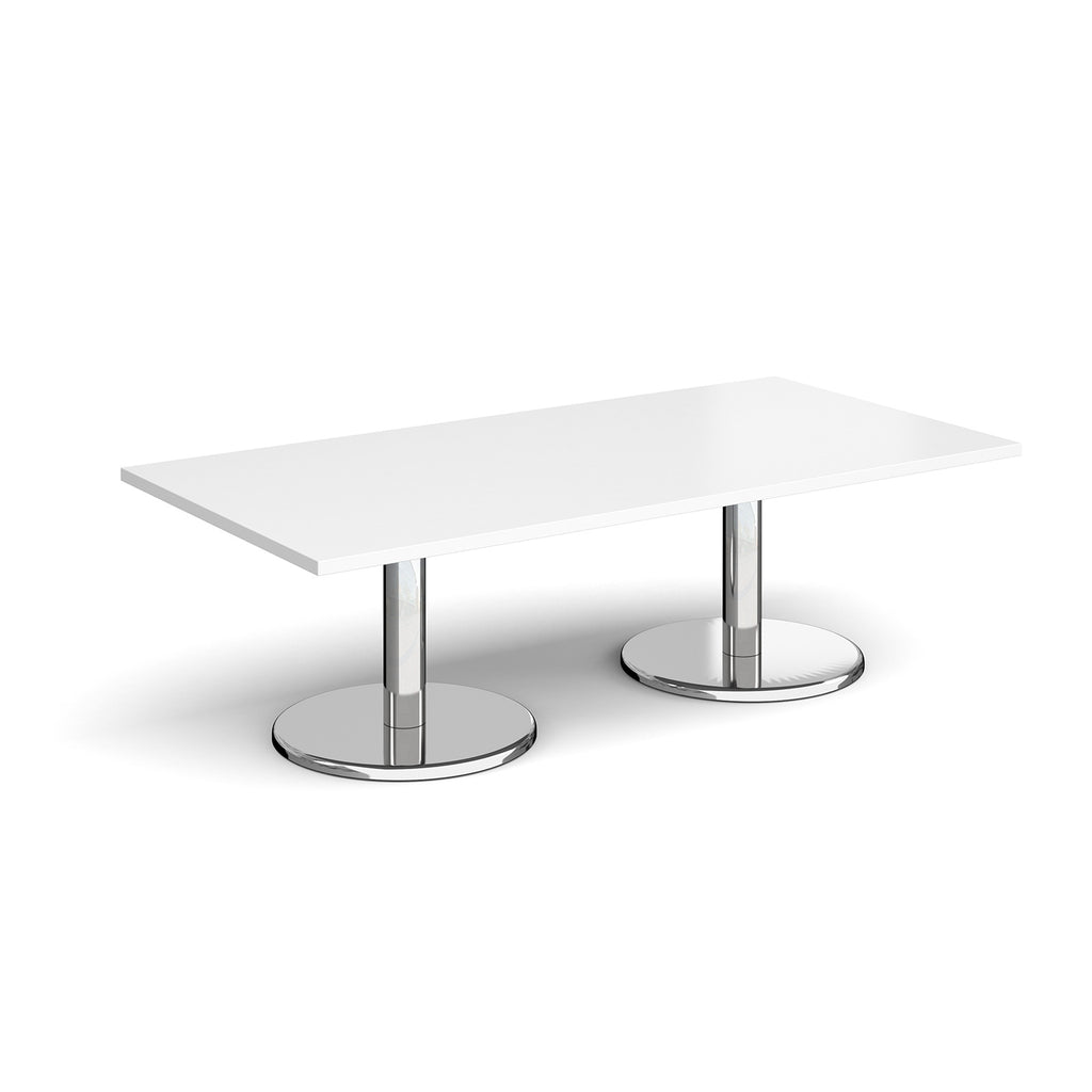Rectangular coffee table with white top and chrome base on a white background