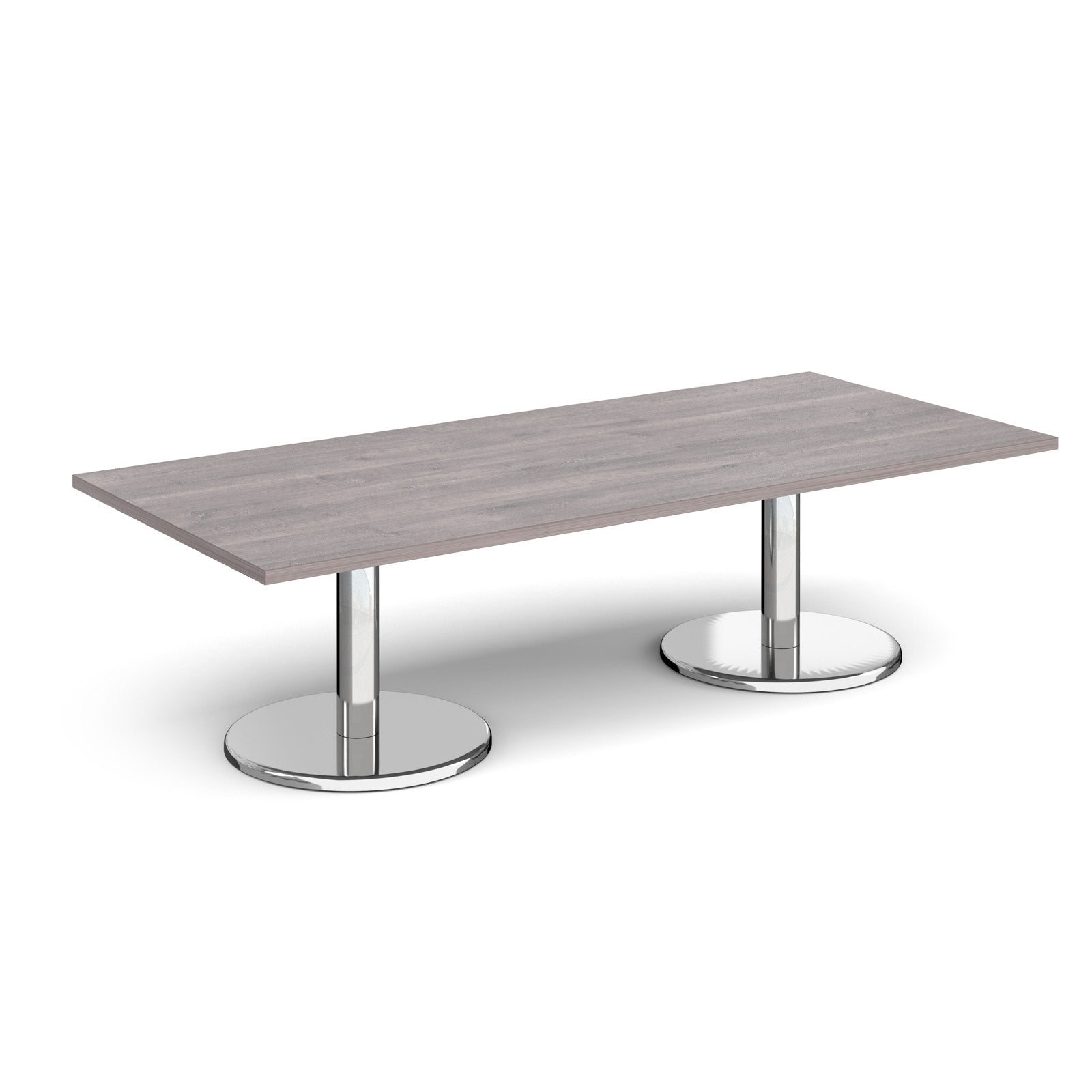 Rectangular coffee table with grey wood-effect top and chrome base on a white background