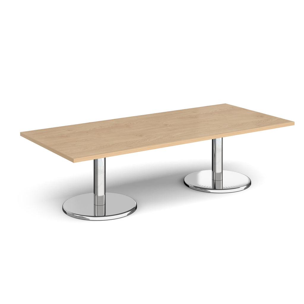 Rectangular coffee table with wood-effect top and chrome base on a white background