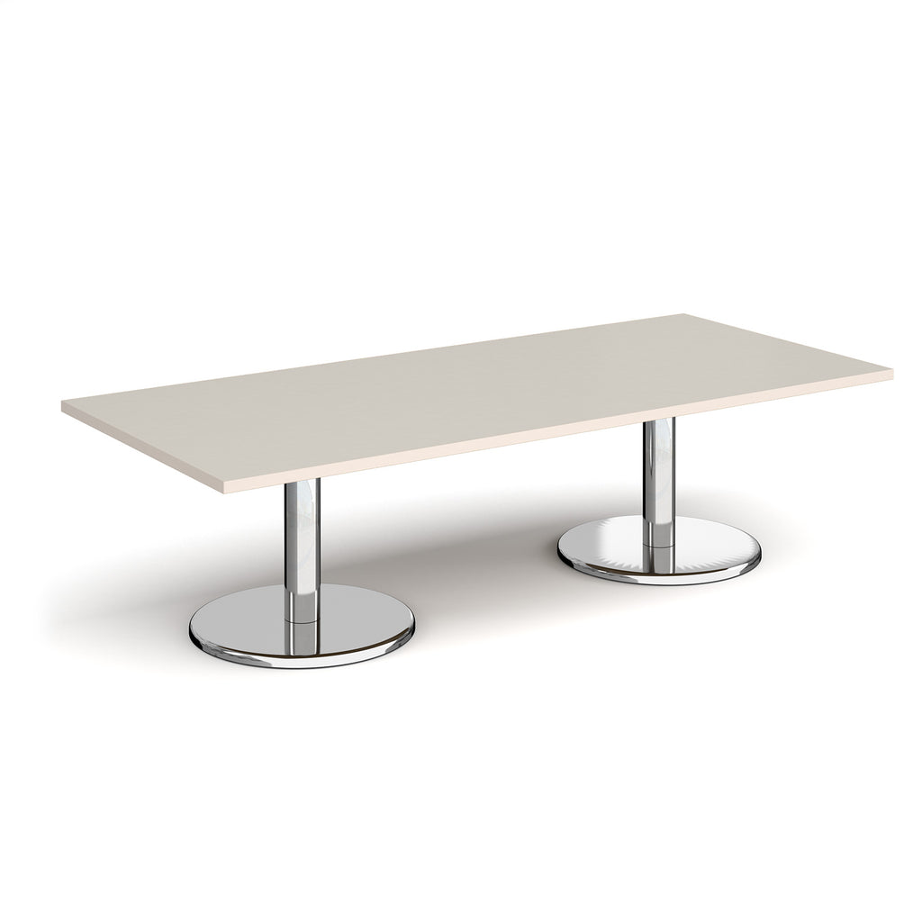 Rectangular coffee table with light grey top and chrome base on a white background