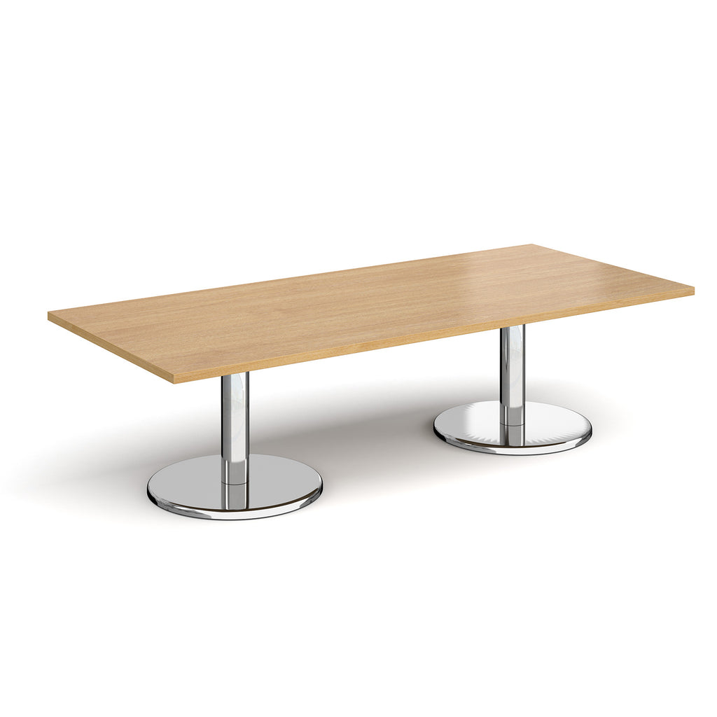 Rectangular coffee table with wood-effect top and chrome base on a white background