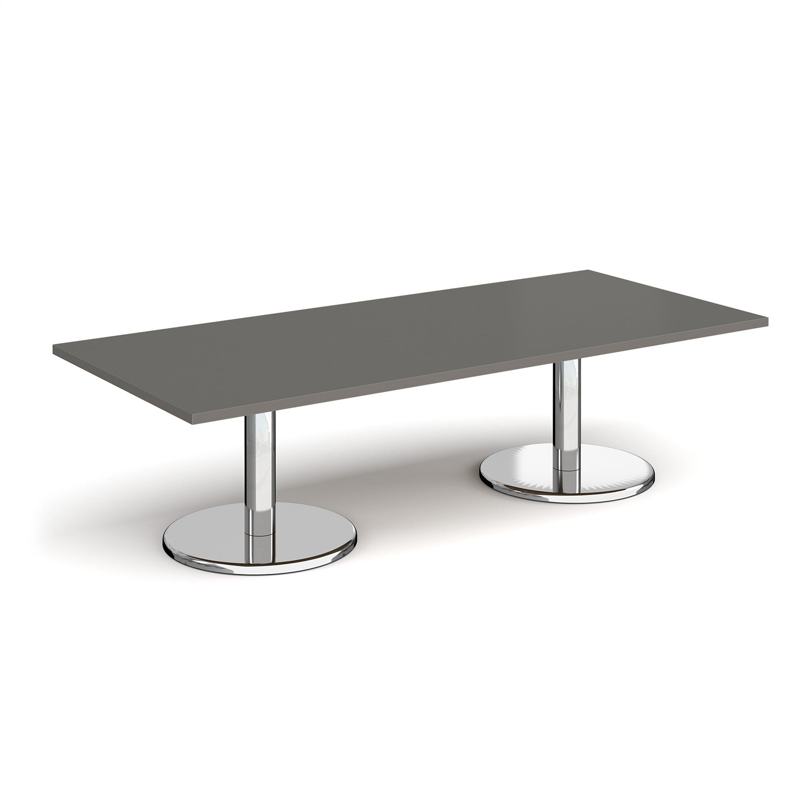 Rectangular coffee table with grey top and chrome base on a white background