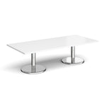 Rectangular coffee table with white top and chrome base on a white background
