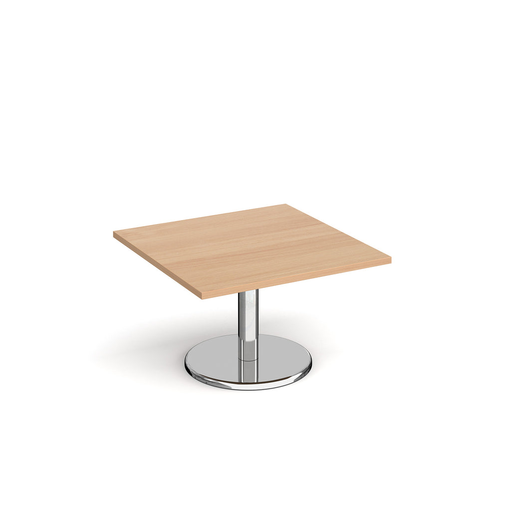 Square coffee table with wood-effect top and chrome base on a white background