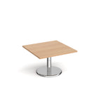 Square coffee table with wood-effect top and chrome base on a white background