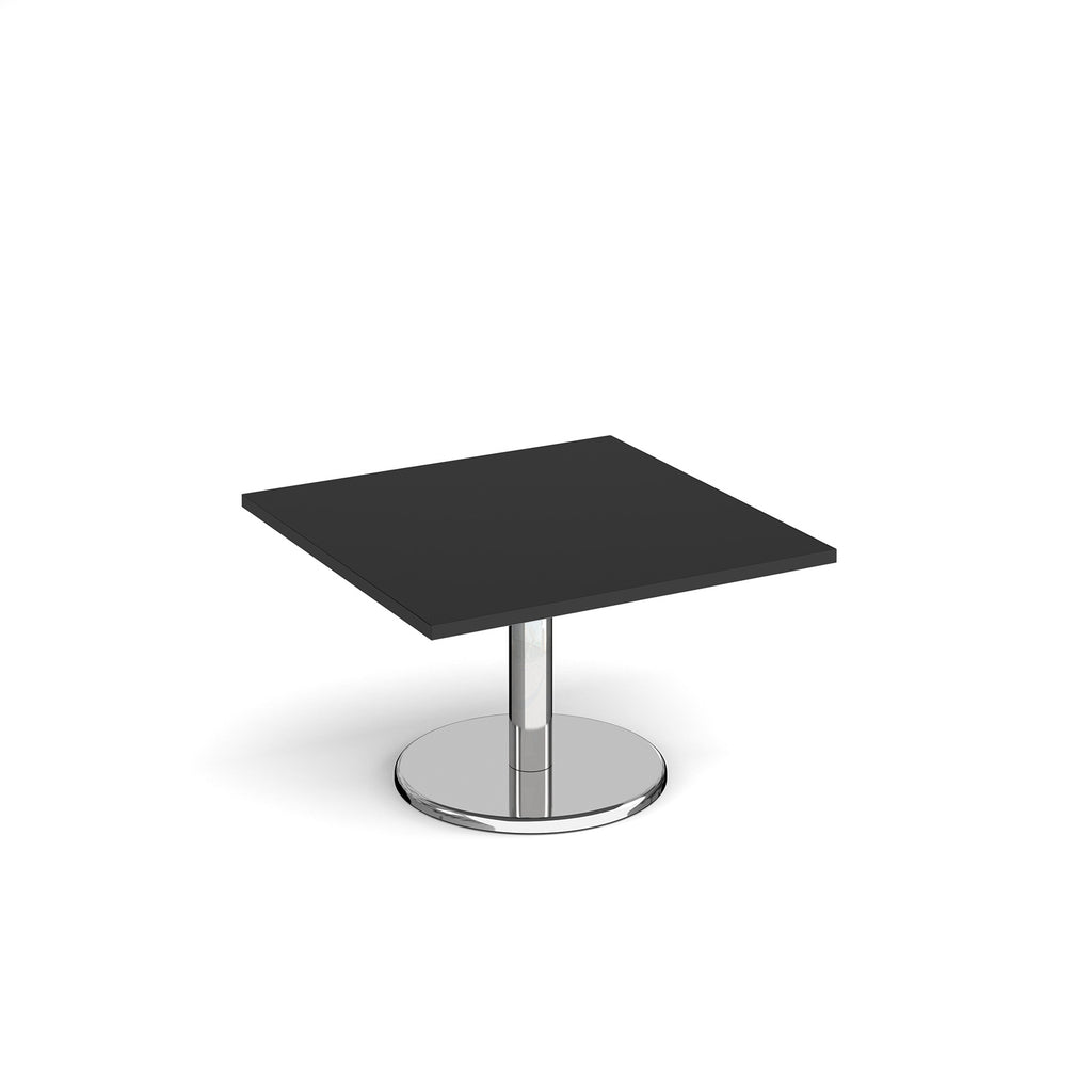 Square coffee table with black top and chrome base on a white background