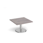 Square coffee table with grey wood-effect top and chrome base on a white background