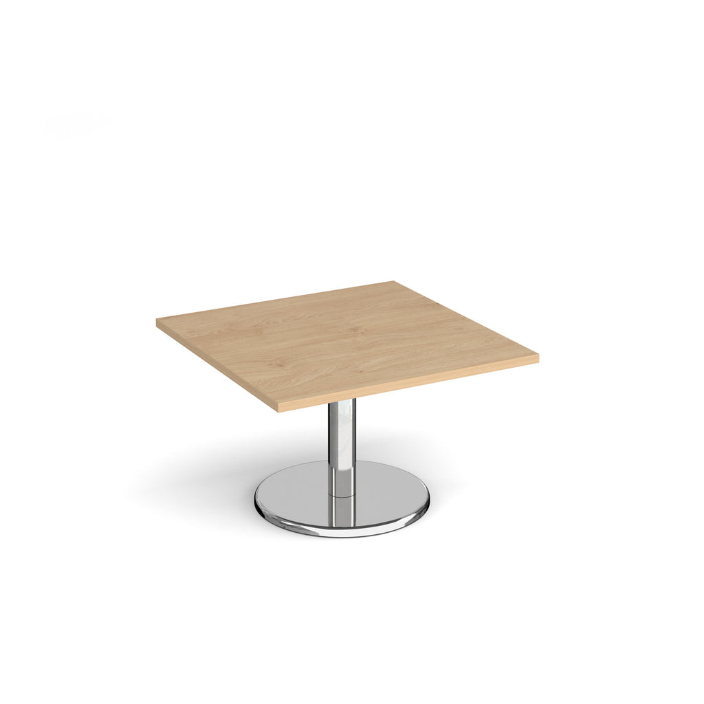 Square coffee table with wood-effect top and chrome base on a white background