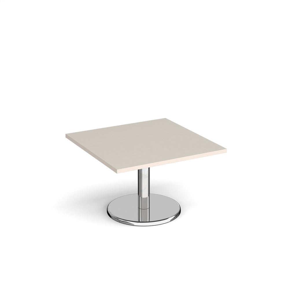 Square coffee table with light grey top and chrome base on a white background