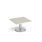 Square coffee table with light grey top and chrome base on a white background