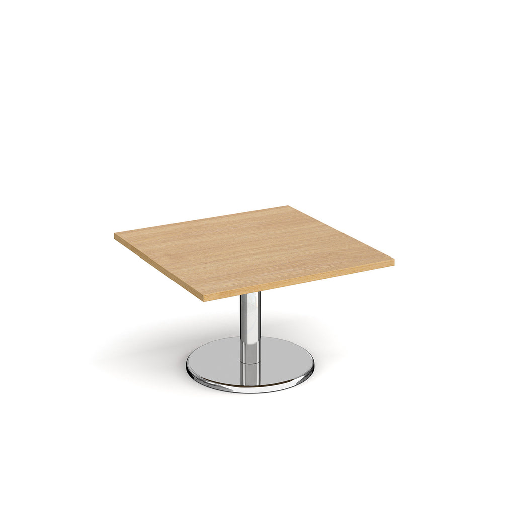 Square coffee table with wood-effect top and chrome base on a white background