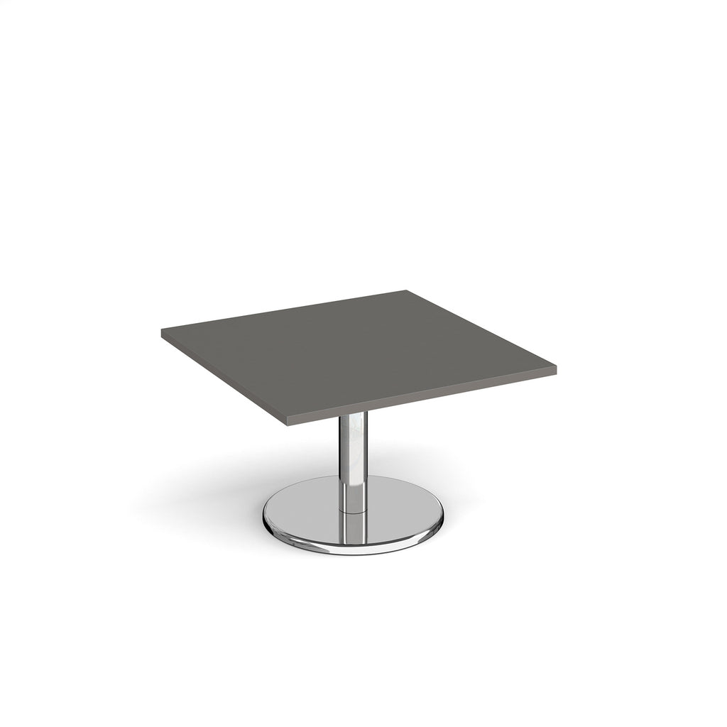 Square coffee table with grey top and chrome base on a white background