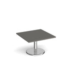 Square coffee table with grey top and chrome base on a white background