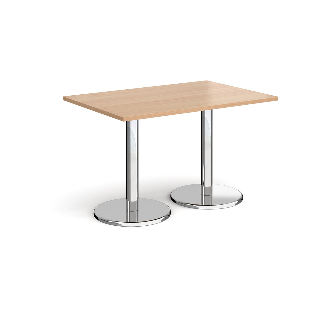 Rectangular table with wood-effect top and chrome legs on a white background
