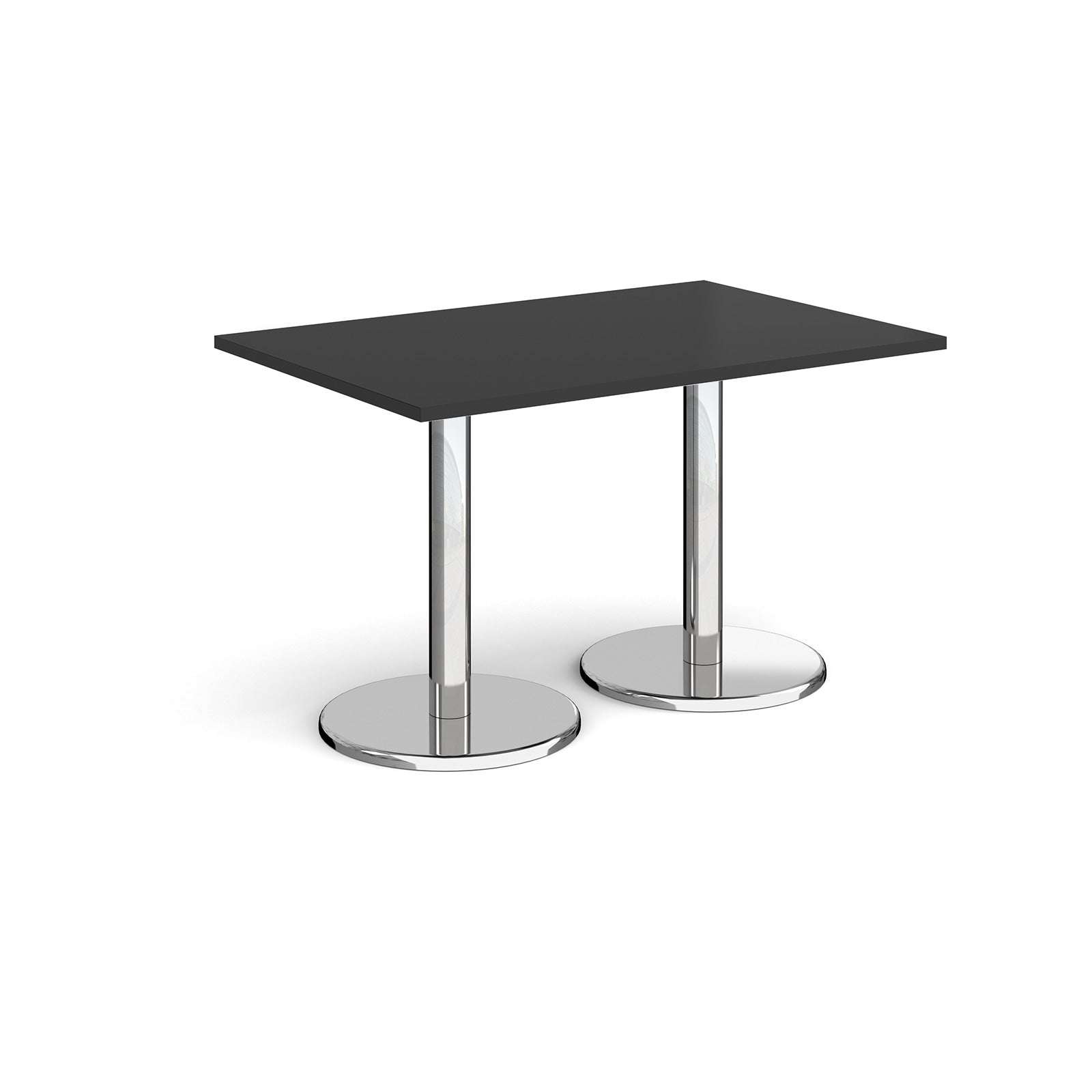 Rectangular table with black top and chrome legs on a white background