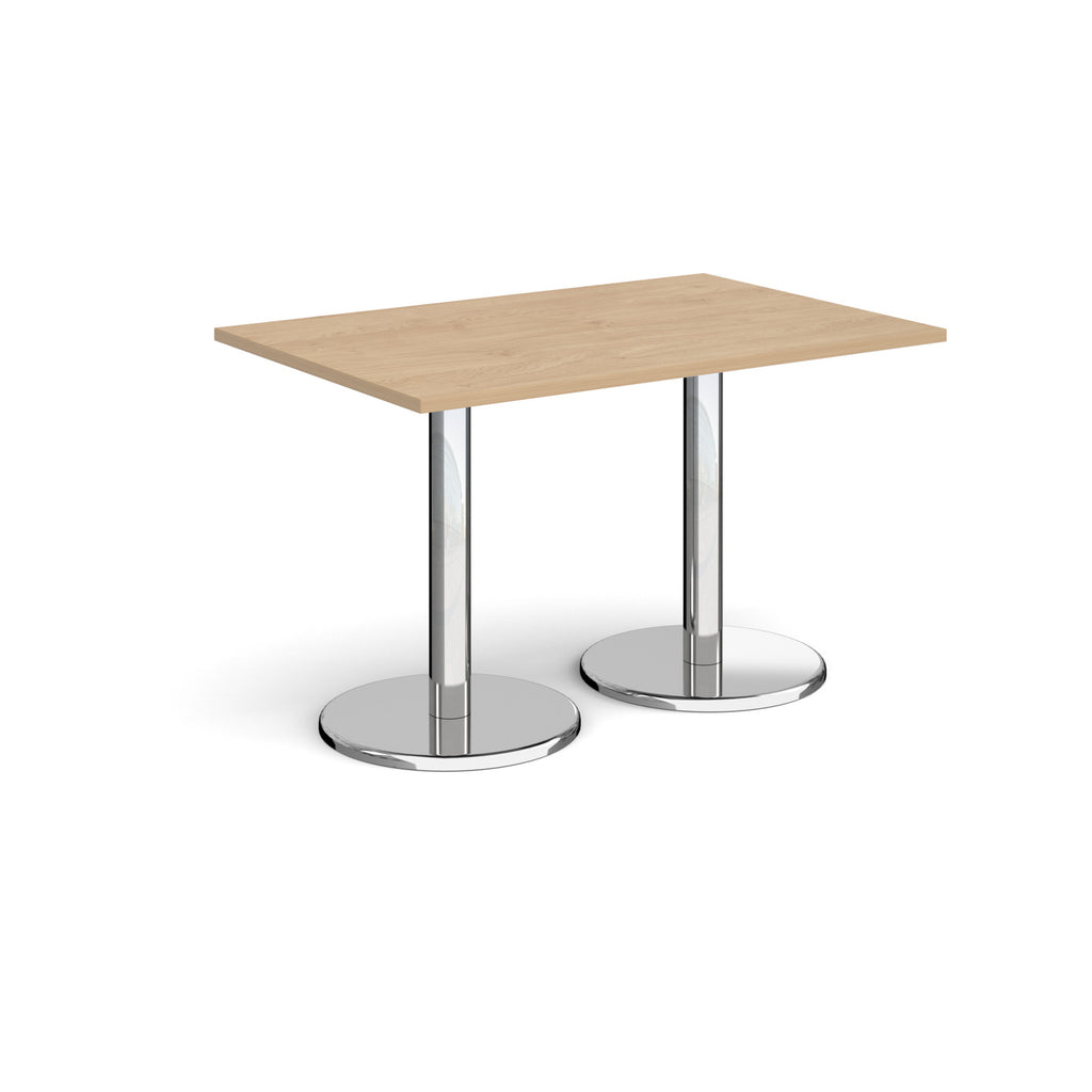 Rectangular table with wood-effect top and chrome legs on a white background