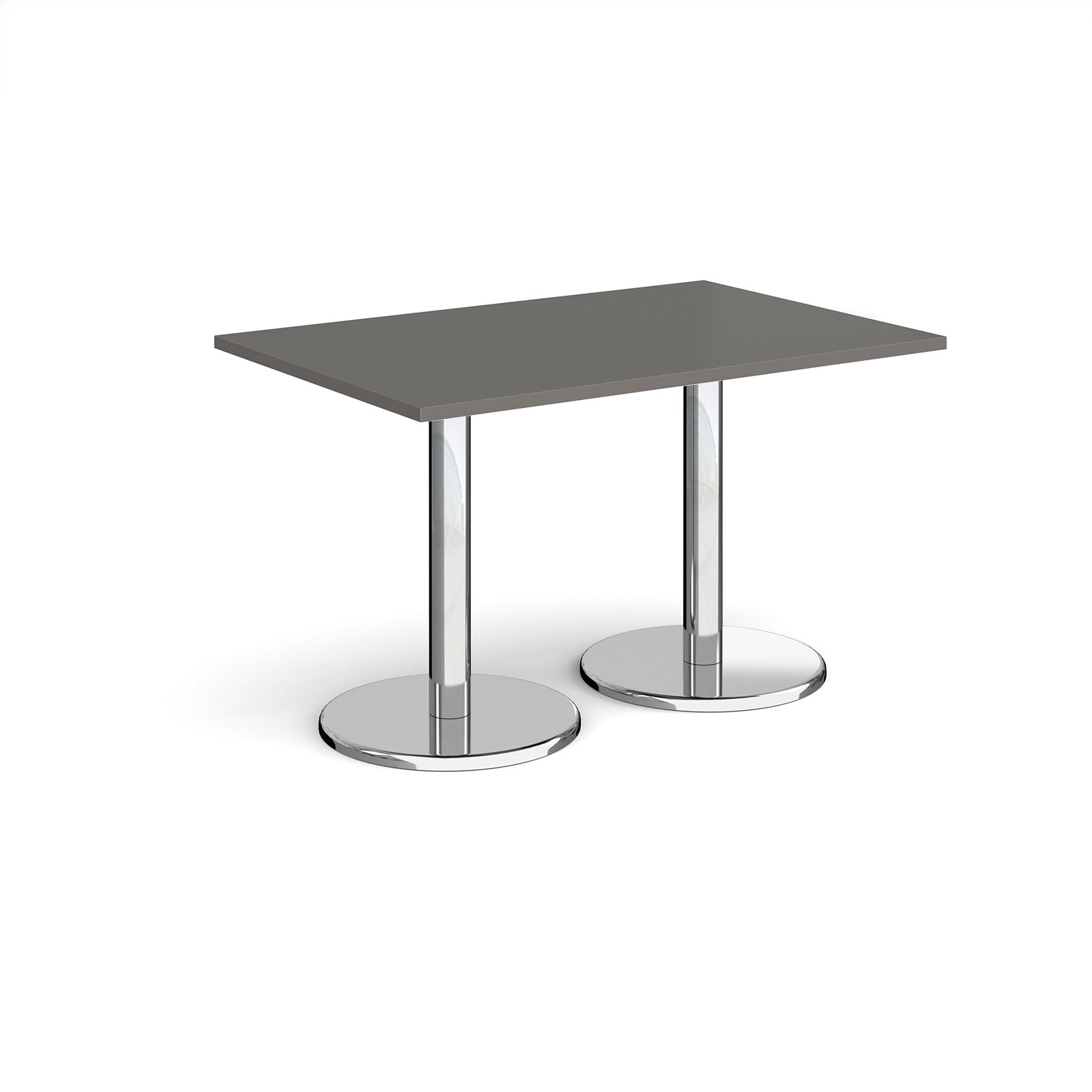 Rectangular table with grey top and chrome legs on a white background