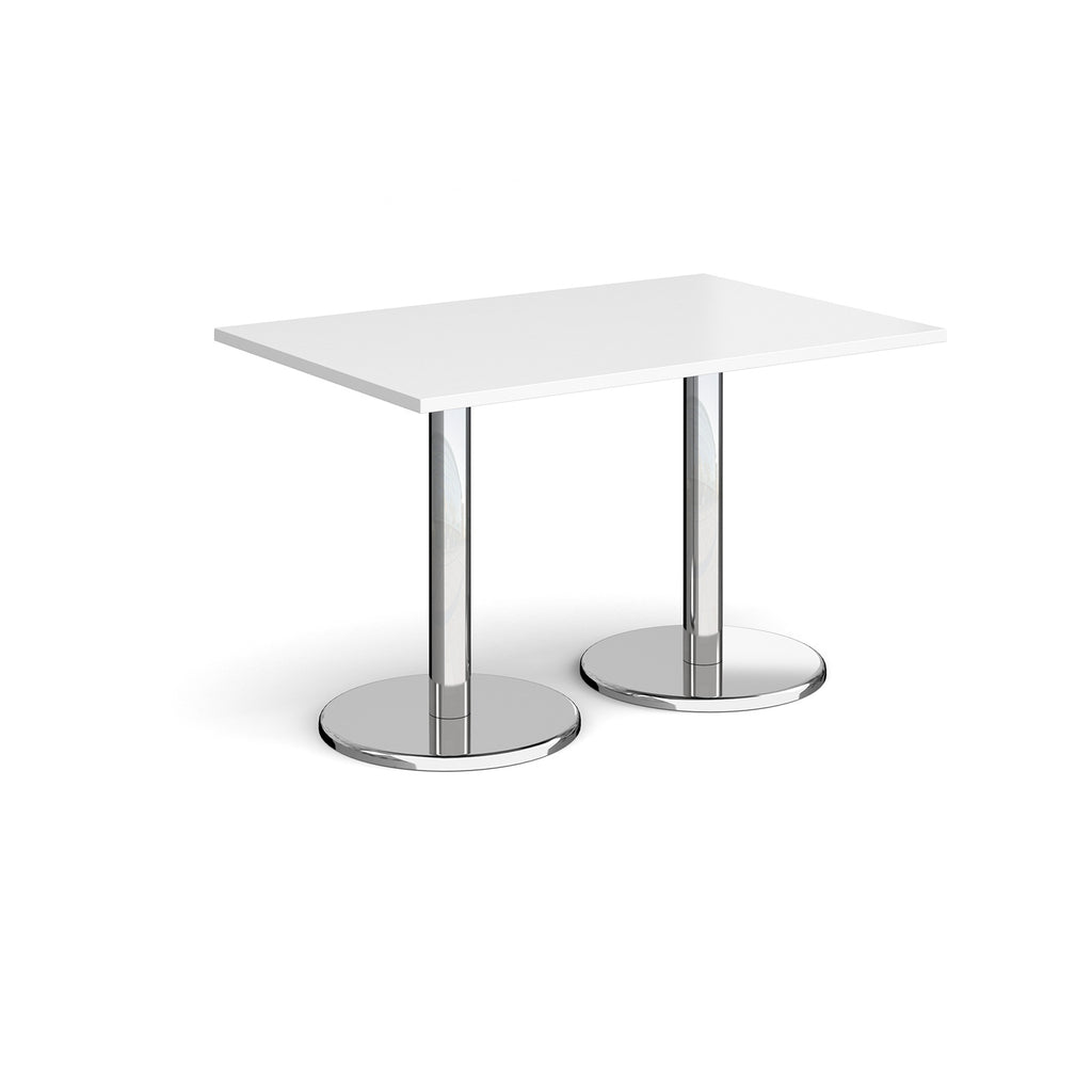 Rectangular table with white top and chrome legs on a white background