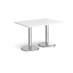 Rectangular table with white top and chrome legs on a white background