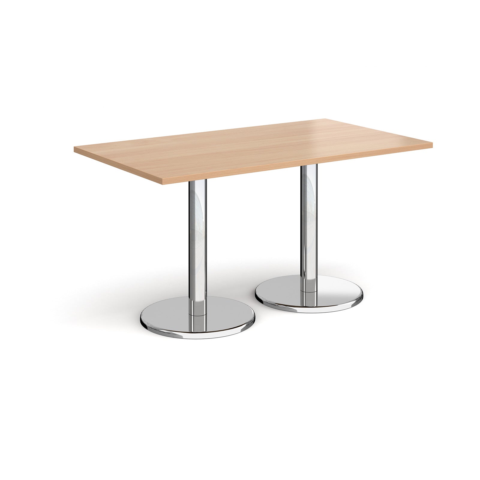 Rectangular table with wood-effect top and chrome legs on a white background