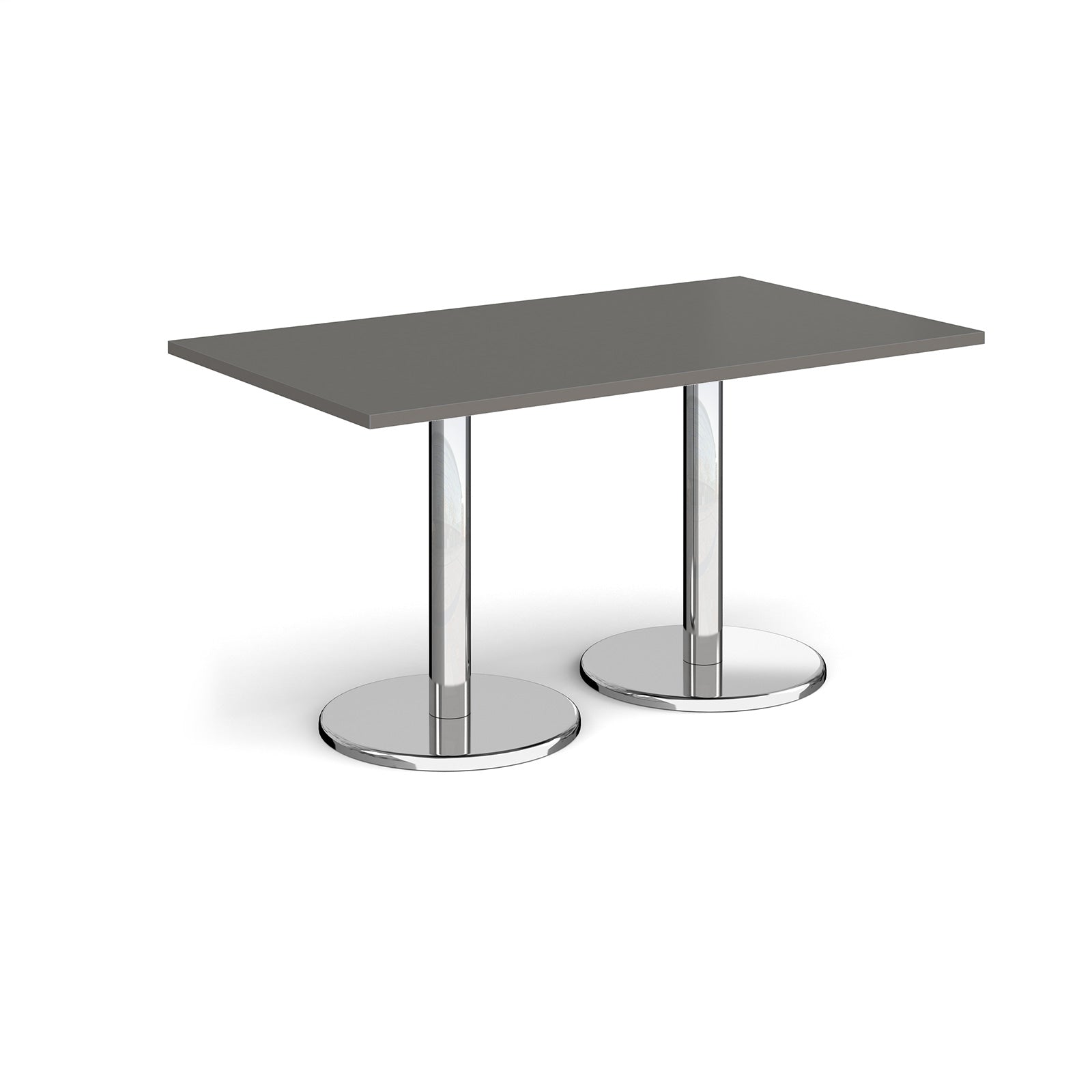 Rectangular table with grey top and chrome legs on a white background