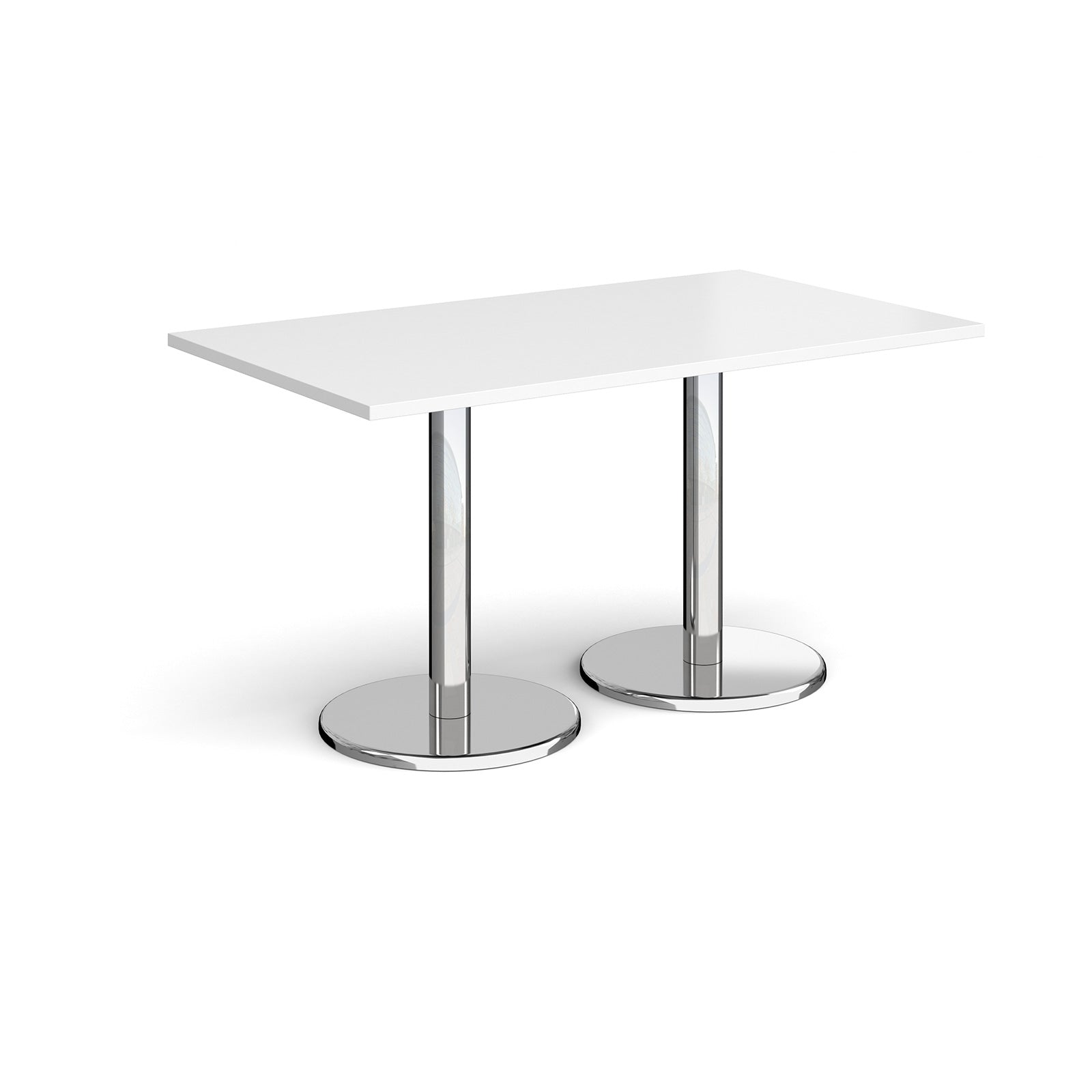 Rectangular table with white top and chrome legs on a white background