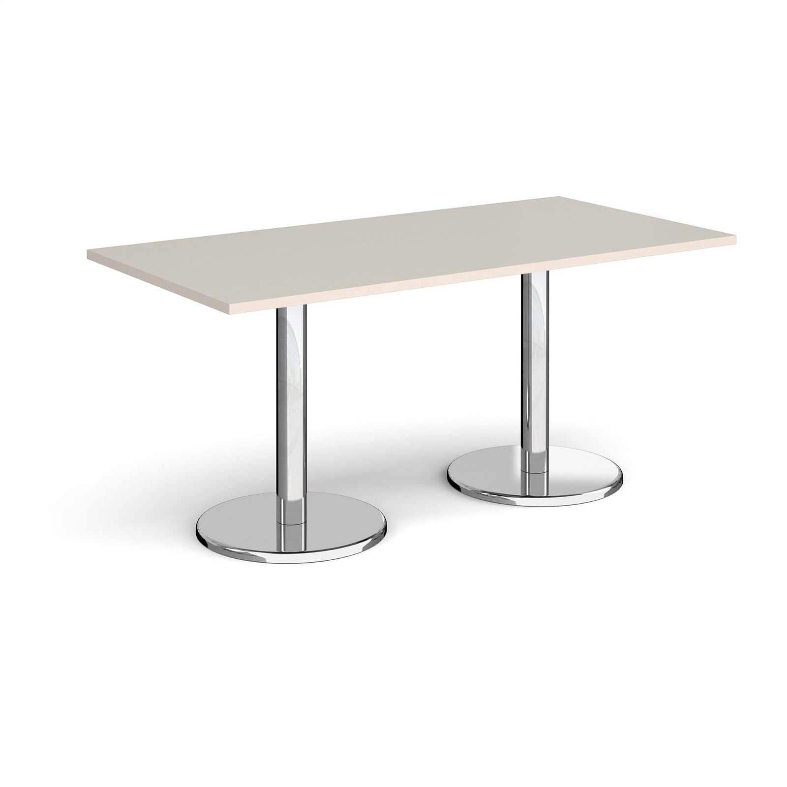 Rectangular table with light grey top and chrome legs on a white background