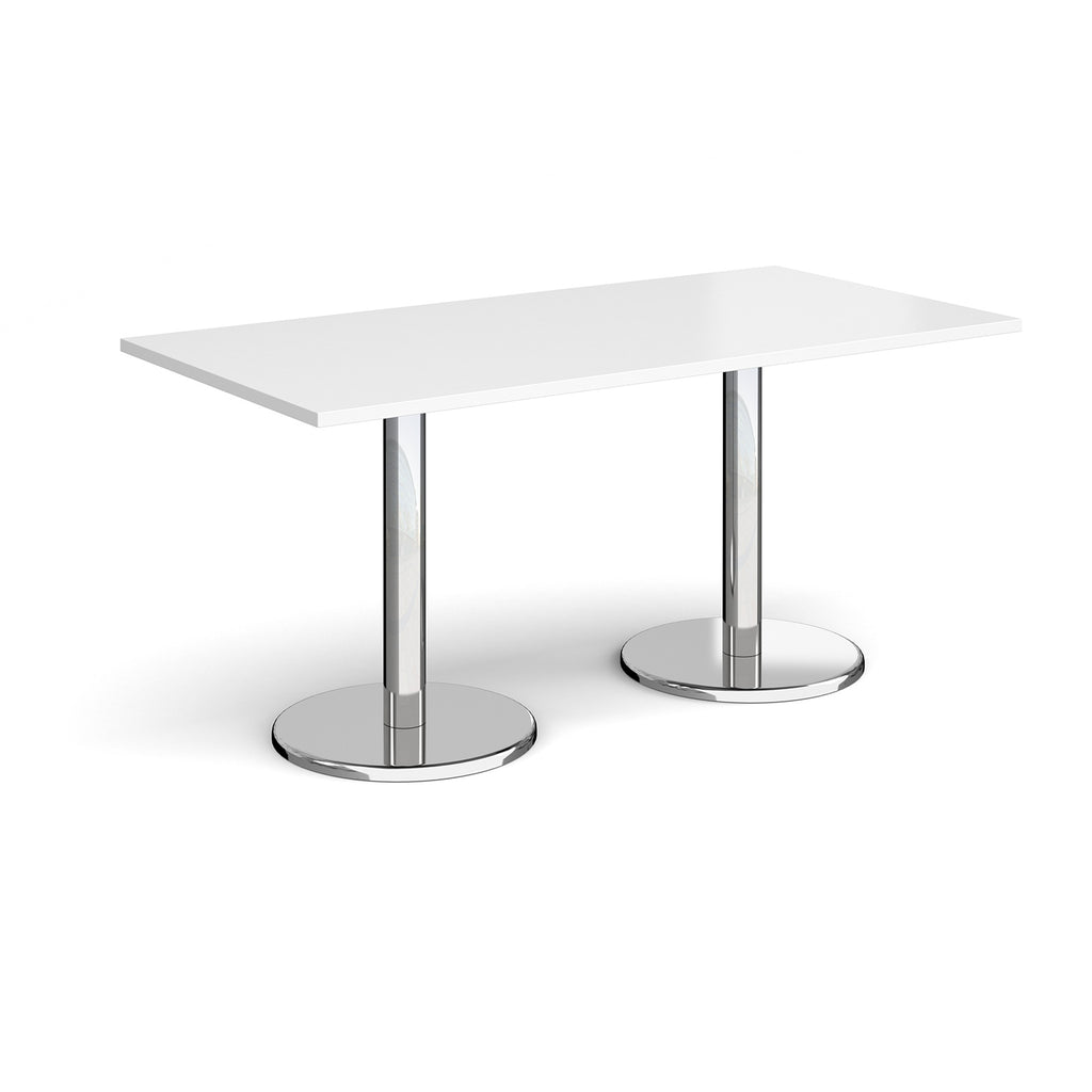 Rectangular table with white top and chrome legs on a white background