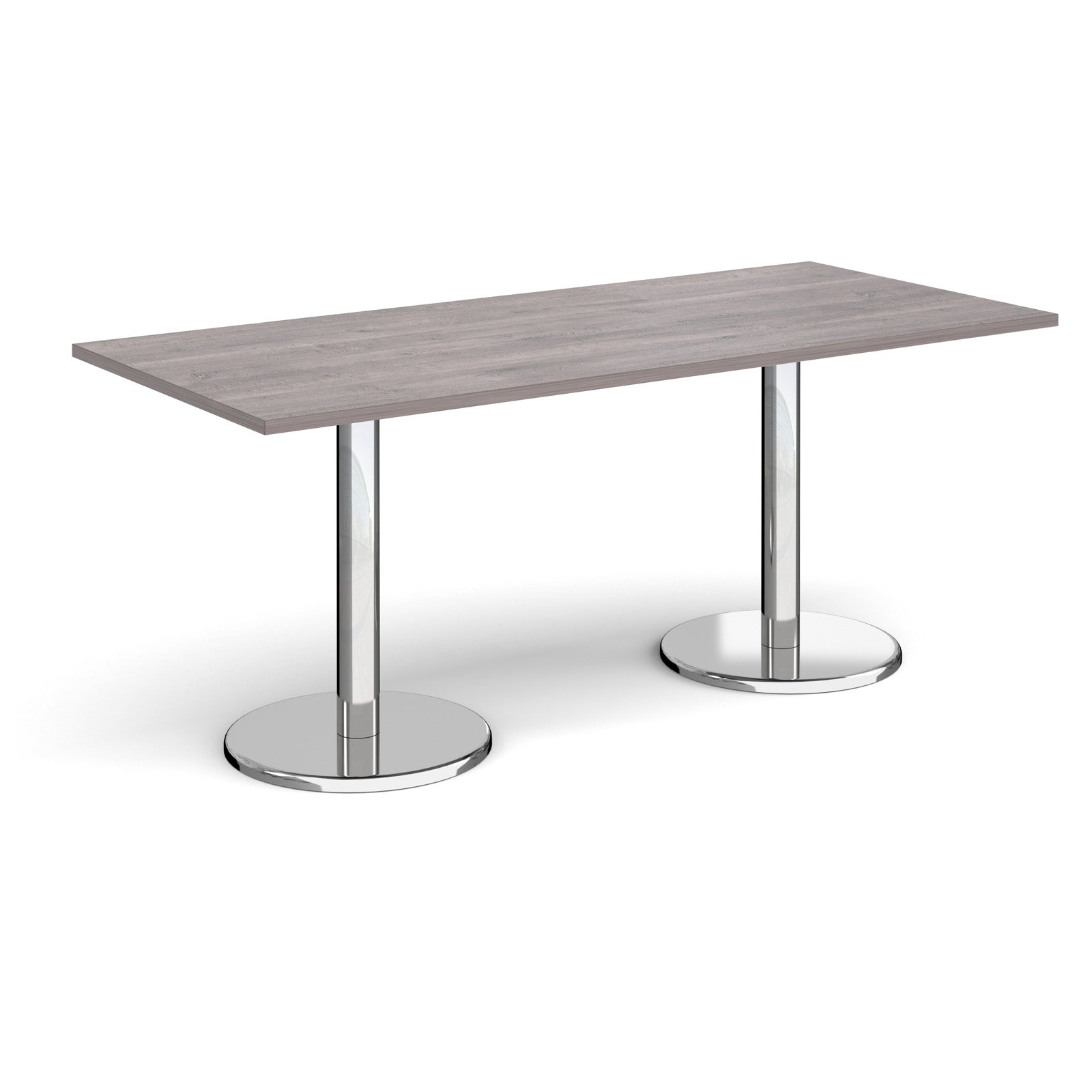 Rectangular table with grey wood-effect top and chrome legs on a white background