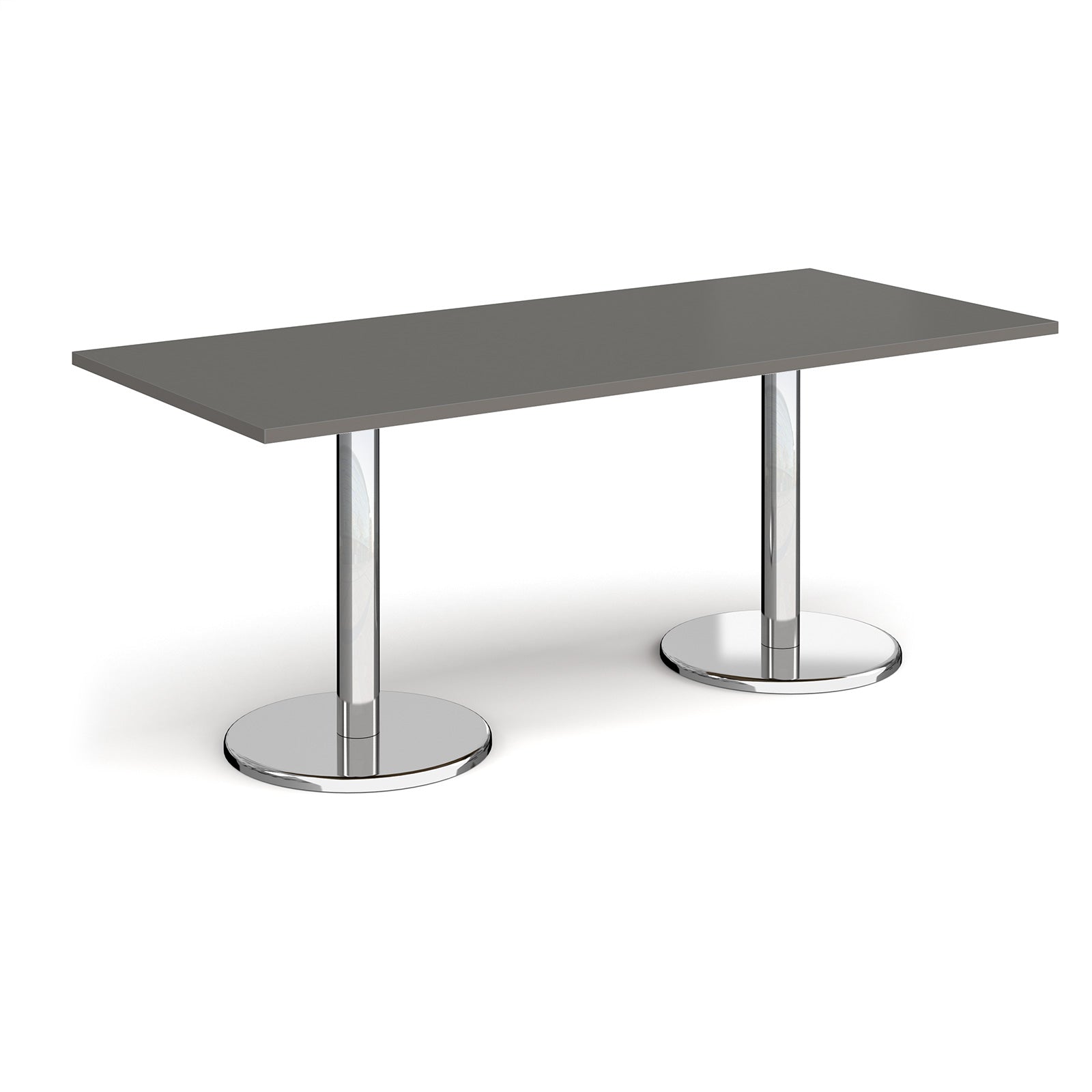 Rectangular table with grey top and chrome legs on a white background