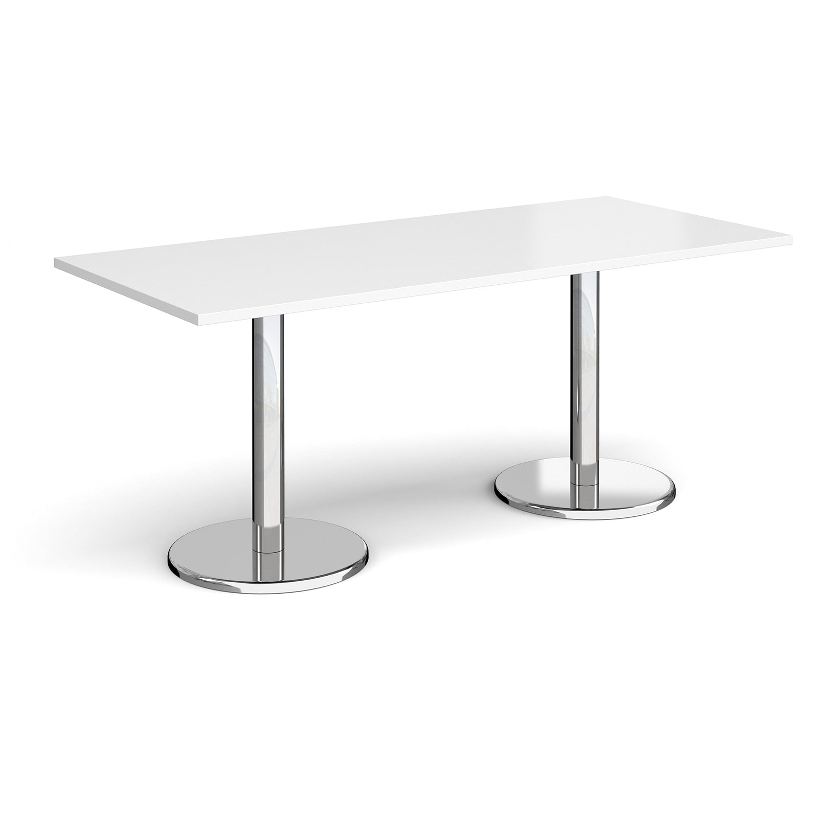 Rectangular table with white top and chrome legs on a white background