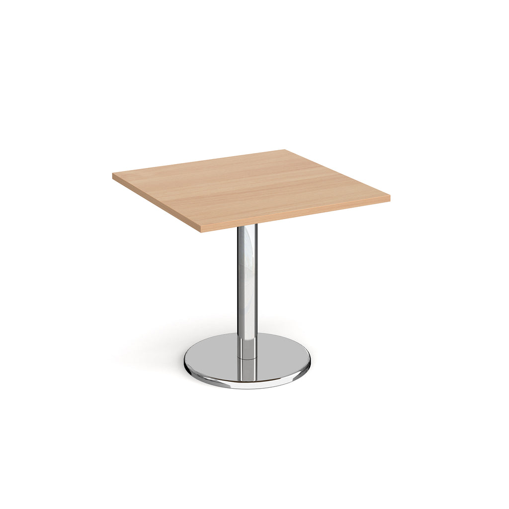 Square café / breakout table with a wood-effect top and a chrome pedestal base with a round disc foot.