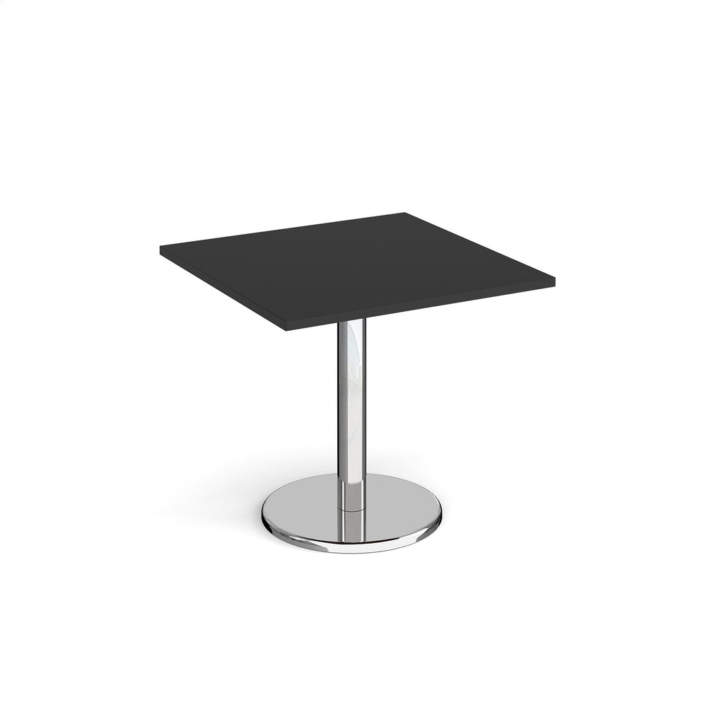 Square café / breakout table with a black top and a chrome pedestal base with a round disc foot.