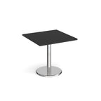 Square café / breakout table with a black top and a chrome pedestal base with a round disc foot.