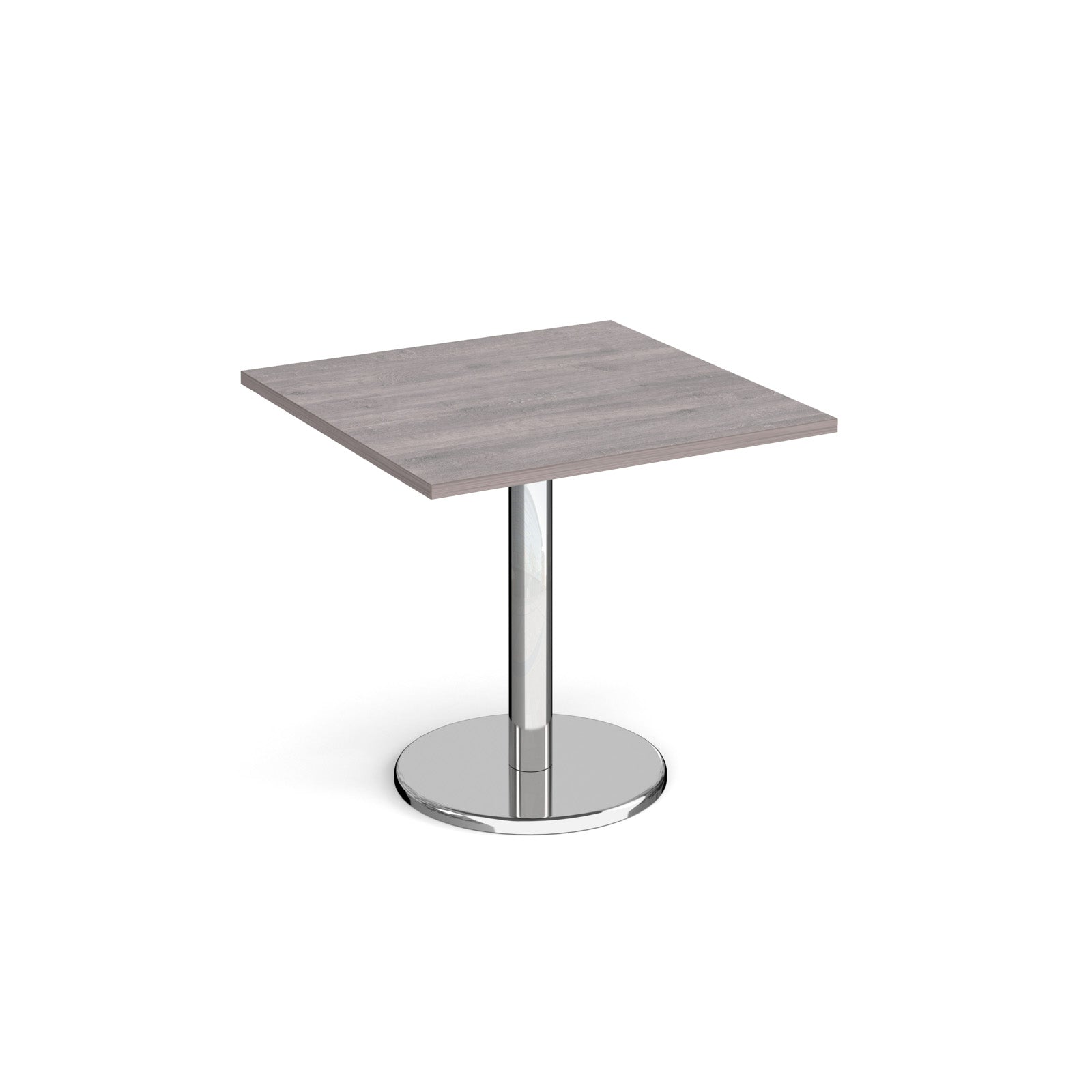 Square café / breakout table with a grey wood-effect top and a chrome pedestal base with a round disc foot.