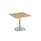 Square café / breakout table with a wood-effect top and a chrome pedestal base with a round disc foot.