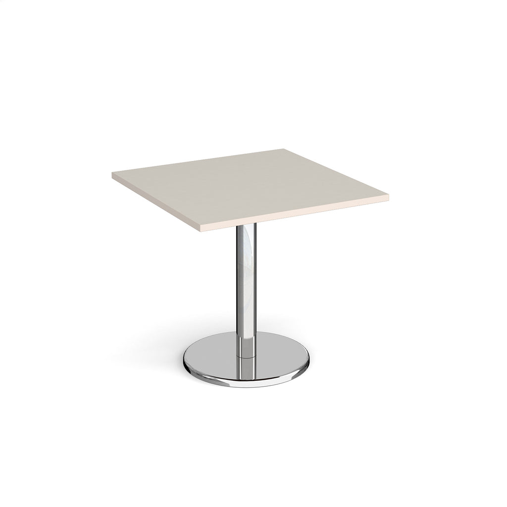Square café / breakout table with a light grey top and a chrome pedestal base with a round disc foot.