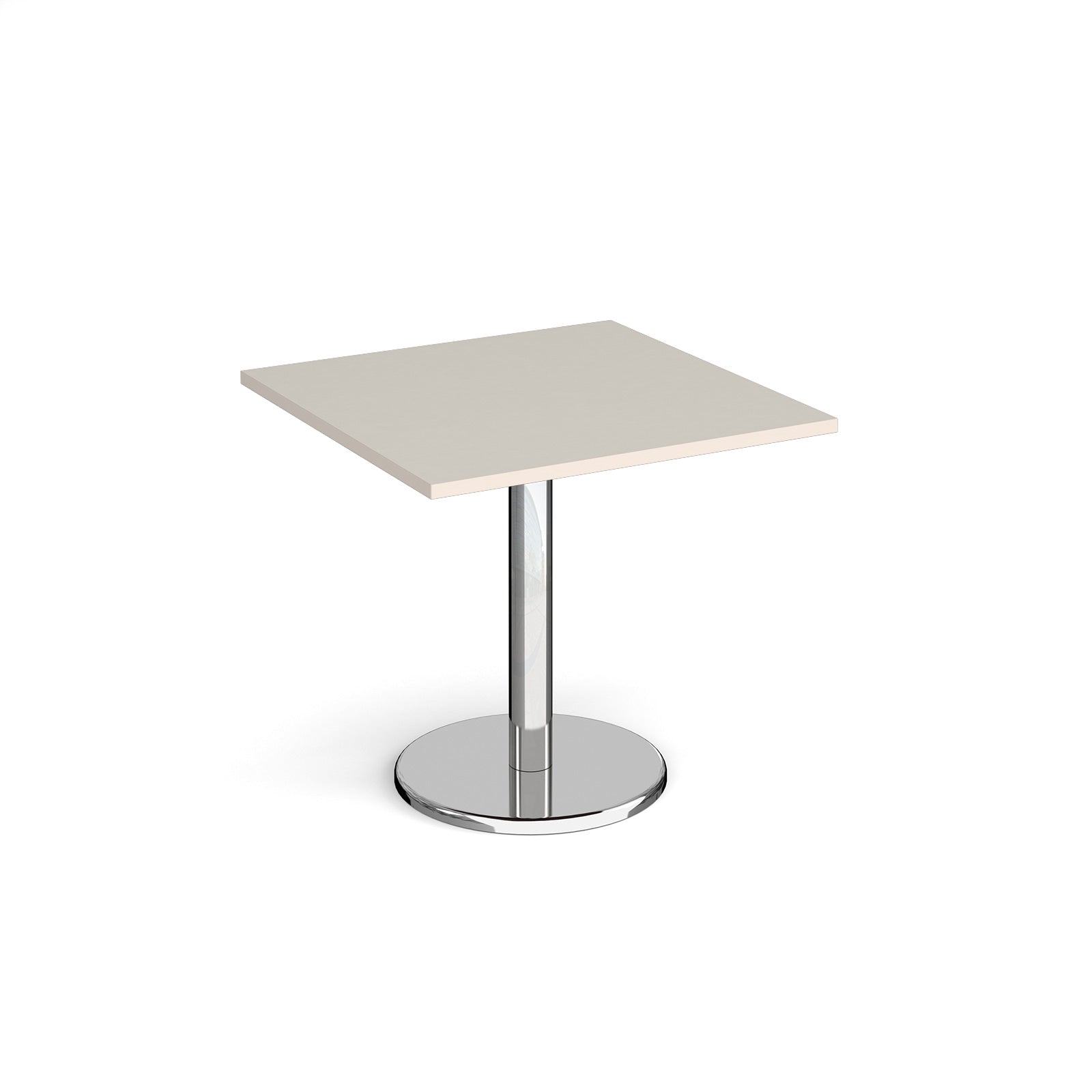 Square café / breakout table with a light grey top and a chrome pedestal base with a round disc foot.