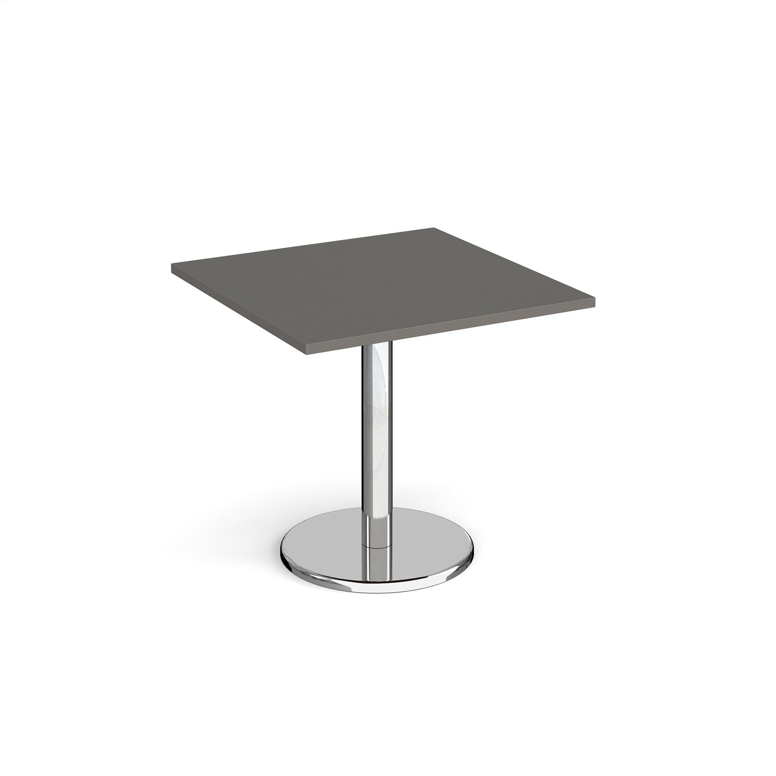 Square café / breakout table with a grey top and a chrome pedestal base with a round disc foot.