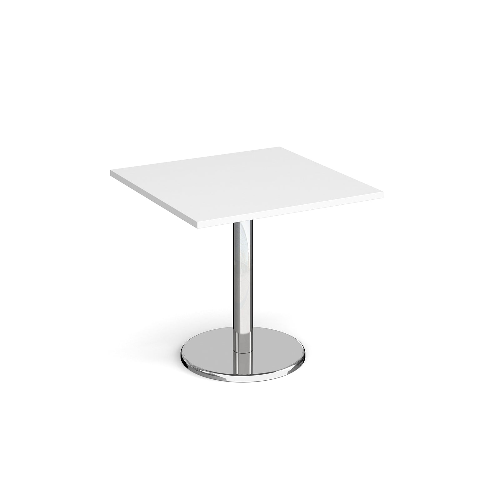 Square café / breakout table with a white top and a chrome pedestal base with a round disc foot.