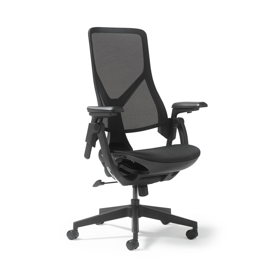 Black office chair with mesh back on a white background